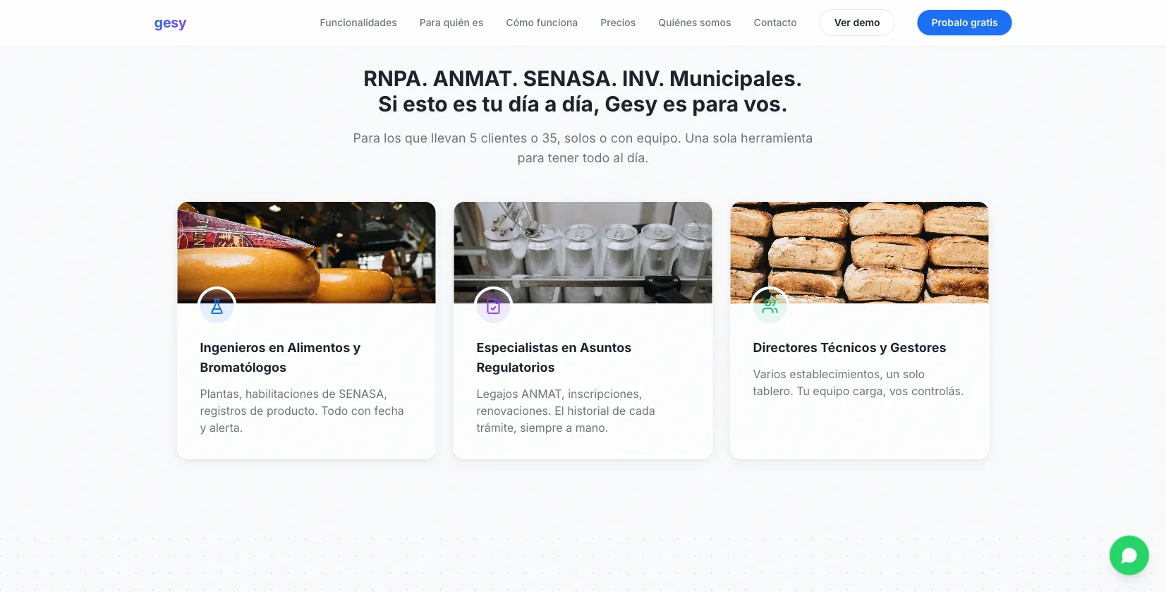 GeSy.tech - Sección para quién es con cards de perfiles profesionales